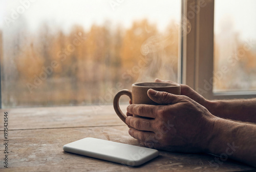 Person holding steaming mug with smartphone by window on wooden table