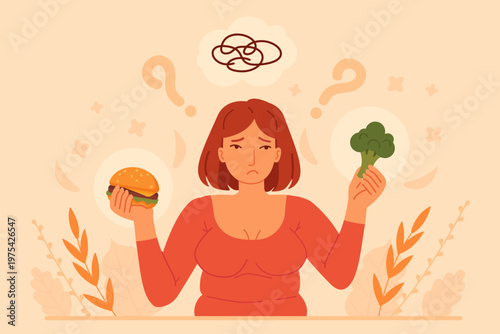 Sad woman thinking about choosing between burger and broccoli with question marks above. Concept of diet choice, healthy lifestyle and food temptation. Stock vector illustration in flat cartoon style.