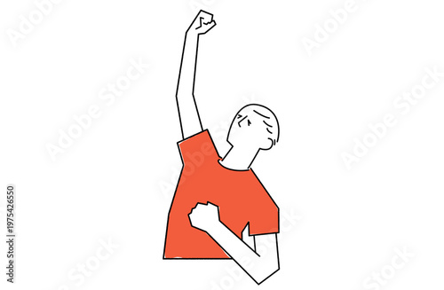 拳を高く突き上げて勝利や成功を喜ぶ男性の線画イラスト