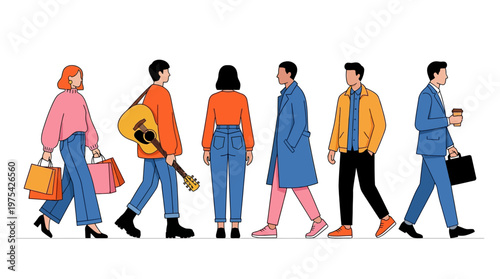 Diverse group of pedestrians walking along a city sidewalk, showcasing varied fashion and urban life in a street illustration