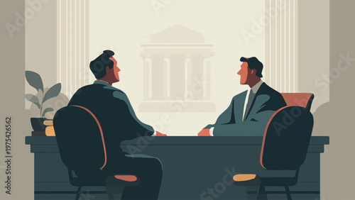 Two business professionals engage in a serious, focused discussion across a formal office desk, with a backdrop suggesting legal or financial institutions, highlighting a crucial consultation