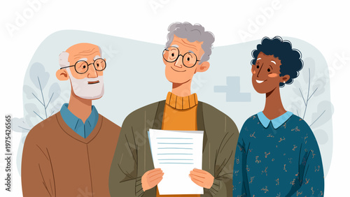 Three cheerful elderly friends discussing important documents, symbolizing thoughtful retirement planning, active senior living, and supportive community engagement for older adults