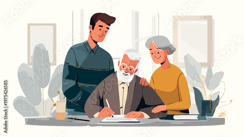An elderly man thoughtfully signs important legal or financial documents, receiving valuable assistance and compassionate support from his attentive adult children