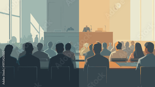 Courtroom scene with divided audience and legal proceedings, illustrating justice and differing perspectives