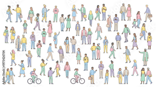 Vibrant illustration of a diverse, inclusive crowd in a colorful urban street scene with people of all ages and abilities