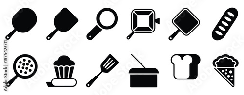 Pizza peel and baking tool icons on a clean white surface, collection of pizza making utensils including peel and oven tools