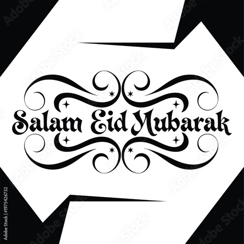 Salam Eid Mubarak Typography Design with Ornamental Swirls and Stars