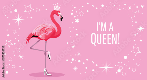 Fun pink flamingo character wearing a silver crown and high heels celebrating female empowerment with text on a starry background.