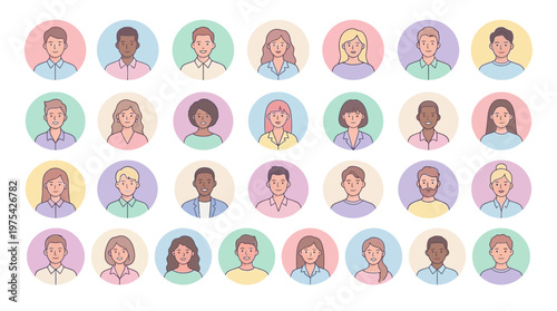 Diverse set of illustrated circular avatars in pastel tones, forming a colorful mosaic of people's portraits.