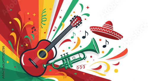 Dynamic Cinco de Mayo Music Banner with Colorful Sunburst and Mexican Icons