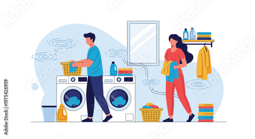 Young couple working together in a laundry room with modern washing machines baskets and detergent on a blue background.