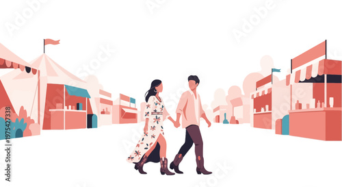 A young couple holding hands walking together outdoors. EPS Editable. Vector Illustrations.