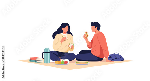 A young couple enjoying a romantic outdoor picnic together. EPS Editable. Vector Illustrations.