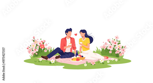 A young couple sitting on a blanket having a romantic picnic together. EPS Editable. Vector Illustrations.
