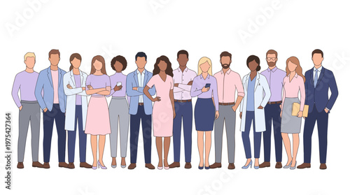 Diverse group of professionals standing together in business attire, representing teamwork, collaboration, and workplace diversity