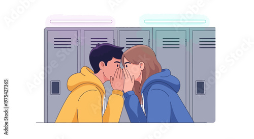 A young couple whispering secrets to each other in a school setting. EPS Editable. Vector Illustrations.
