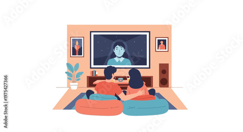 A young couple sitting together on beanbags watching a movie at home. EPS Editable. Vector Illustrations.