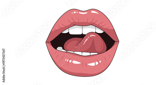 Close up illustration of an open mouth with pink lips white teeth and a tongue licking the upper lip on a white background.