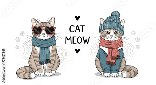 Two adorable tabby cats wearing knitted scarves and hats with sunglasses under the text cat meow on a white background.