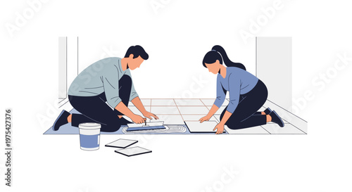 A young couple working together to install floor tiles in their home renovation project. EPS Editable. Vector Illustrations.