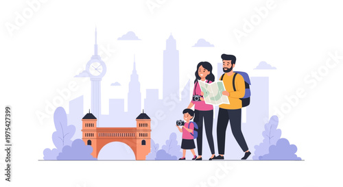 A young family of three standing together and preparing for a trip. EPS Editable. Vector Illustrations.