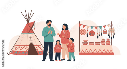 A Native American family standing together with their traditional arts and crafts. EPS Editable. Vector Illustrations.