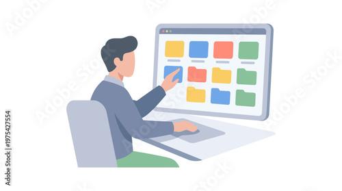 A person organizing digital files on a computer screen illustration. EPS Editable. Vector Illustrations.