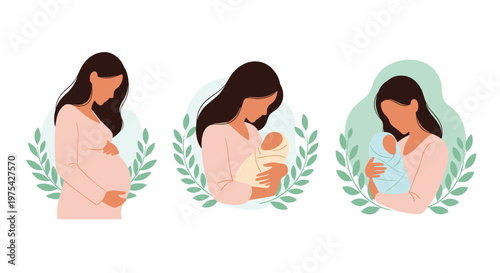 Sequential illustrations depicting a woman during pregnancy and then as a mother holding her newborn baby in tender poses.