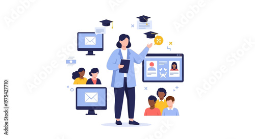 A teacher presenting digital online learning and educational courses to diverse students. EPS Editable. Vector Illustrations.