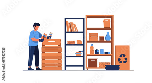 A warehouse worker managing inventory and sorting cardboard boxes. EPS Editable. Vector Illustrations.