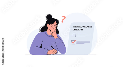 A thoughtful young woman filling out a mental wellness checkin form. EPS Editable. Vector Illustrations.