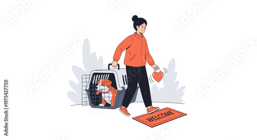 A woman arriving home carrying her pet dog in a travel carrier crate. EPS Editable. Vector Illustrations.