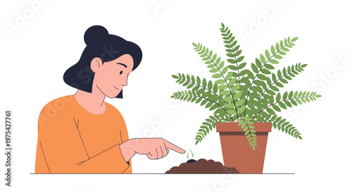 A woman carefully planting a seed in soil next to a potted fern. EPS Editable. Vector Illustrations.