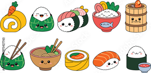 Cute kawaii sushi and Japanese food cartoon set with rice balls, ramen, salmon sushi, rolls and characters, colorful vector illustration isolated