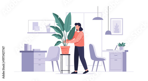 A woman caring for a potted plant in a room. EPS Editable. Vector Illustrations.