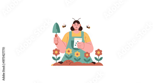 A woman gardener happily planting flowers in her garden. EPS Editable. Vector Illustrations.