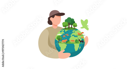 A woman holding a miniature Earth globe representing nature conservation and environmental awareness. EPS Editable. Vector Illustrations.