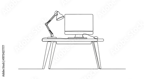 Minimalist Desk Setup: Computer, Keyboard, Mouse, and Lamp in Sketch Style