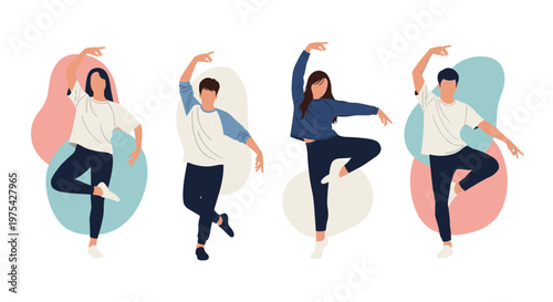 Group of four young people performing synchronized dance or yoga moves on a white background with soft abstract shapes.