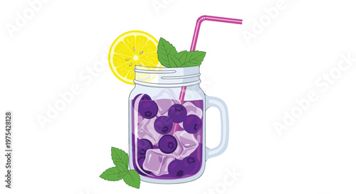 Refreshing glass jar of blueberry lemonade with ice cubes lemon slices and fresh mint leaves on a white background with a straw.