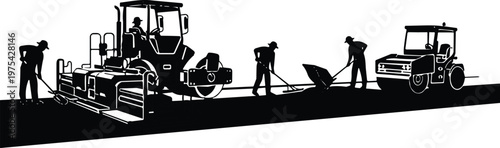 Road construction silhouettes vector, workers with machinery paving asphalt, infrastructure building scene, industrial engineering illustration design elements
