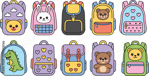 Cute kids backpack set featuring colorful school bags with animal characters and playful designs, vector illustration collection isolated on white background for children and education