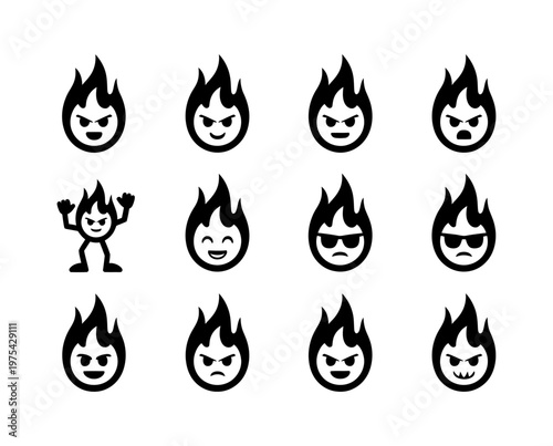 Set of vectors showing various expressions of a flame-headed character