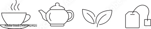 Line art illustration of tea preparation cup teapot leaves and kettle isolated on transparent background
