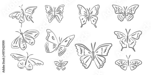 Cute kid crayon Butterfly hand drawn doodle Set. Outline insect sketch elements for print and sticker Design.