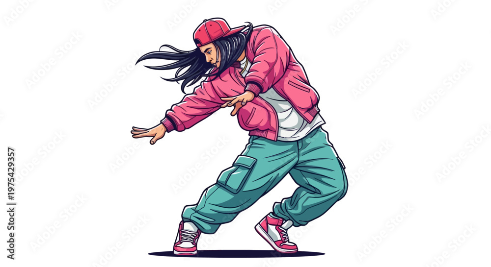 Fototapeta premium A young woman dancing energetically in a vibrant pink jacket and green pants
