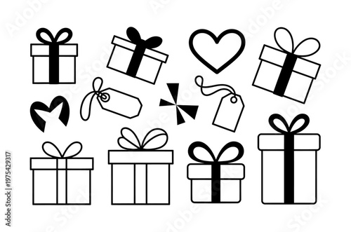 Collection of vector gift boxes with tags and hearts