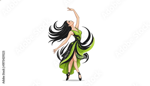 A beautiful woman in a green dress dancing with elegance and poise