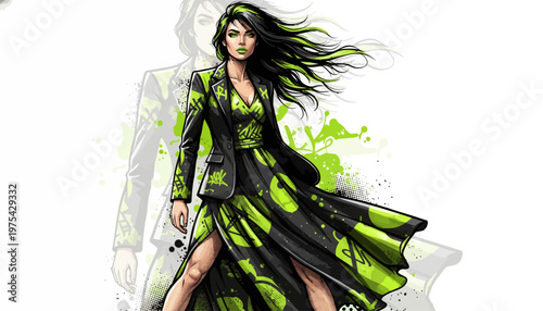 A stylish woman in a vibrant green and black dress walking confidently