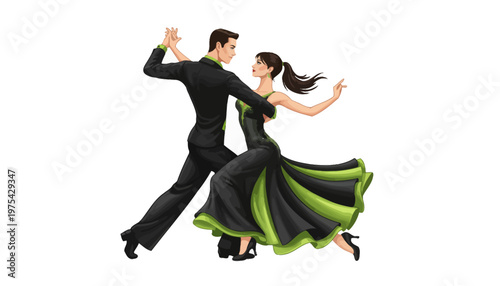 A couple dancing in a beautiful, vibrant, and dramatic ballroom scene